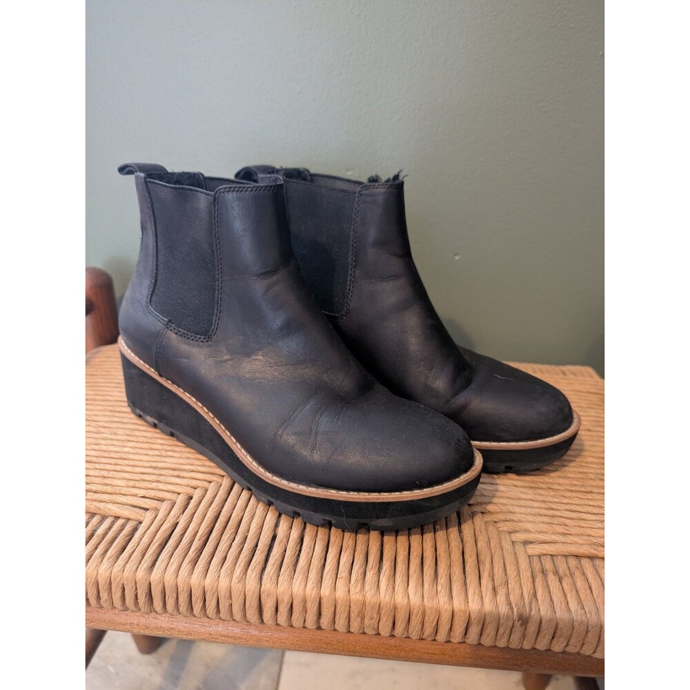 Eileen Fisher Womens Black Shearling Ankle Leather Wedge Boots Sz 7.5 Cozy Luxe